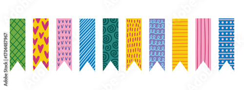 Colorful decorative tape patterned tape strips, cute scotch tapes, bookmarks. Cute pieces tape set. Scrapbooking element for creative digital collages.