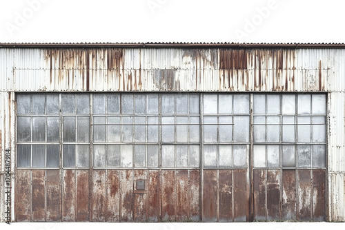 Distressed industrial metal facade with windows background image on transparent background