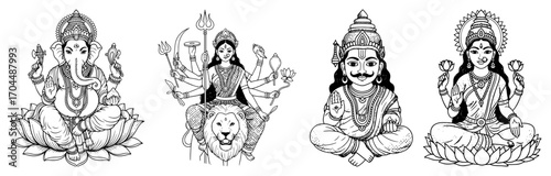 Collection of Hindu Gods and Goddesses in a Sketch Style