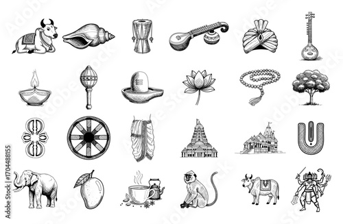 Comprehensive Set of Hand Sketched Indian and Hindu Icons