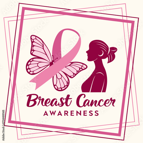 Empowering message for breast cancer awareness featuring a silhouette of a woman and a butterfly with a pink ribbon.