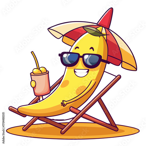 Cute Banana Character Vector Cartoon Relaxing on Beach Chair with Sunglasses and Drink Playful Flat Style