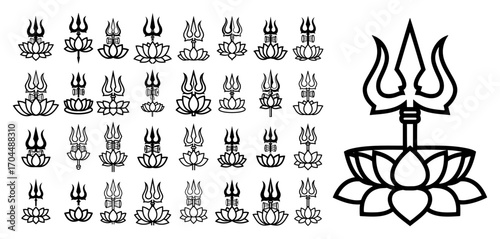 Hindu Trishula Trident of Shiva with Lotus Flower Vector Icons