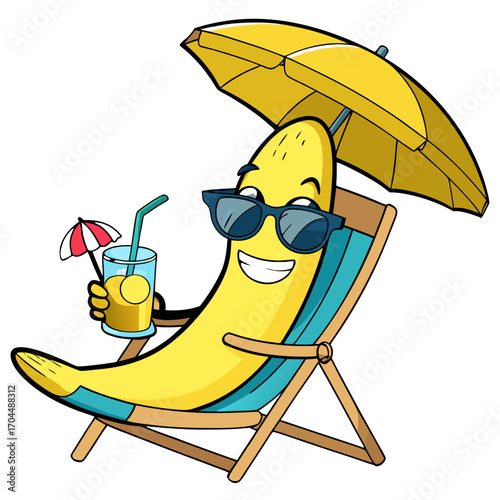 Cute Banana Character Vector Cartoon Relaxing on Beach Chair with Sunglasses and Drink Playful Flat Style