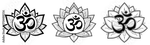 Set of Hindu Om Symbols with a Lotus Flower Mandala
