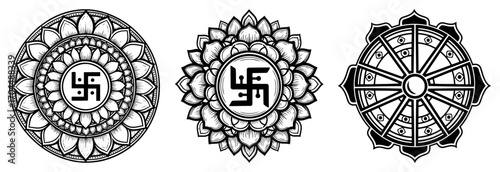 Set of Dharmic Religious Symbols with Swastika and Dharma Wheel