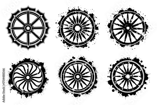 Set of Distressed Dharma Wheel Symbols with an Ink Splatter Effect
