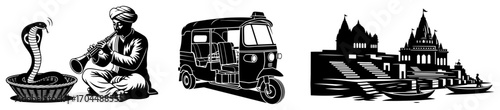 India Culture Icons Snake Charmer Rickshaw and Temple Vector