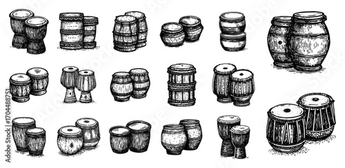 Collection of Hand Drawn Drums and Percussion Instruments