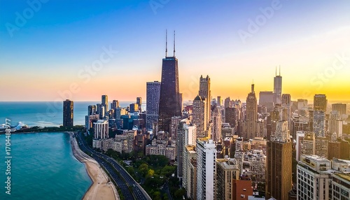Panoramic city skyline at sunrise