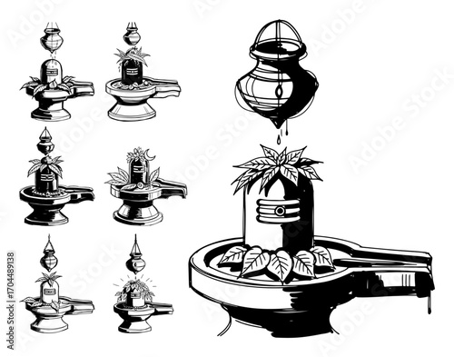 Shiva Lingam Set with Abhishek and Bilva Leaves Black and White Vector