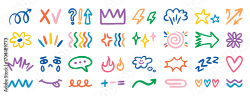 Random doodle small icons with hearts arrows checks and tears, hand drawn