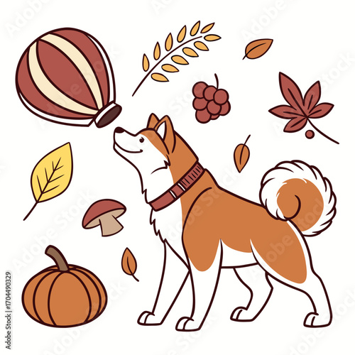 Cute Happy Akita, accessorized with with a balloon, in a Thanksgiving world – Harvest Blessings palette vector