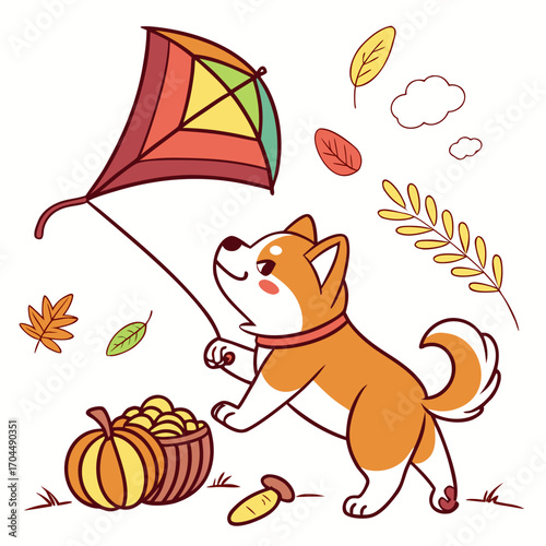 Harvest Blessings themed SVG: Playful Akita with with a rainbow kite in a Thanksgiving environment