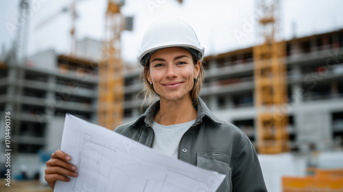 Female construction engineer wearing a white safety helmet, holding a large blueprint, standing at a building site with cranes in the background, smiling confidently. emale enginee