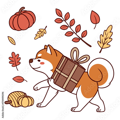 SVG art: A Grumpy Akita in a Thanksgiving vibe with carrying a gift box, tinted with Harvest Blessings tones