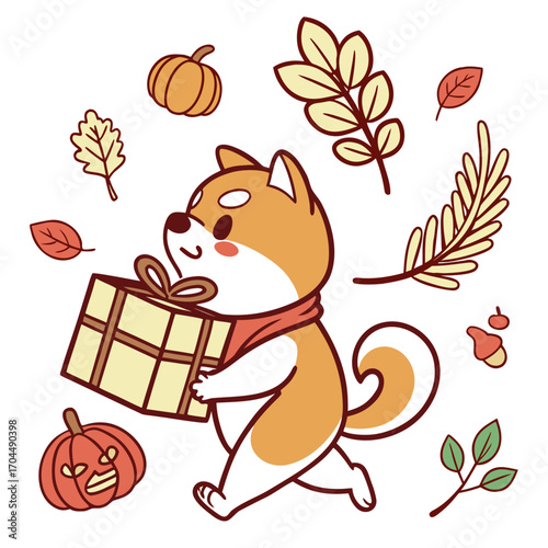 SVG art: A Grumpy Akita in a Thanksgiving vibe with carrying a gift box, tinted with Harvest Blessings tones