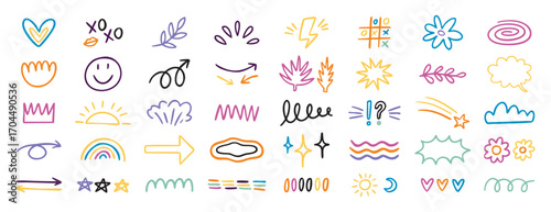 Playful kids doodle elements set with colorful icons and cute shapes. Hand drawn.