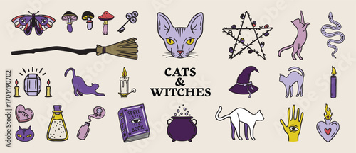 Cats and witches set spellbooks and cauldrons, candles and cat head, broom and rose, Halloween palette hand drawn