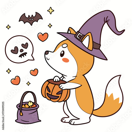 SVG art: A Curious Akita in a Halloween vibe with holding a heart, tinted with Spooky Fun tones