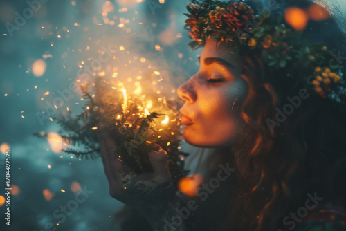 Woman with a flower crown blowing on glowing fire and embers for a magical ritual or spell. Dark fantasy and paganism concept for Halloween or Midsummer.