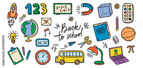 Back to School set, rocket and globe, 1 2 3, magnet, bus and lamp, math and clock, colorful hand drawn
