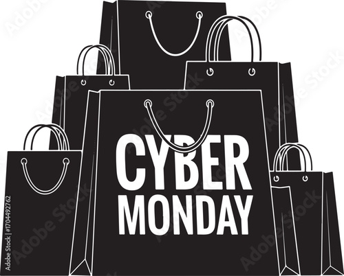 Cyber Monday Sale With Stacked Shopping Bags And White Text pile