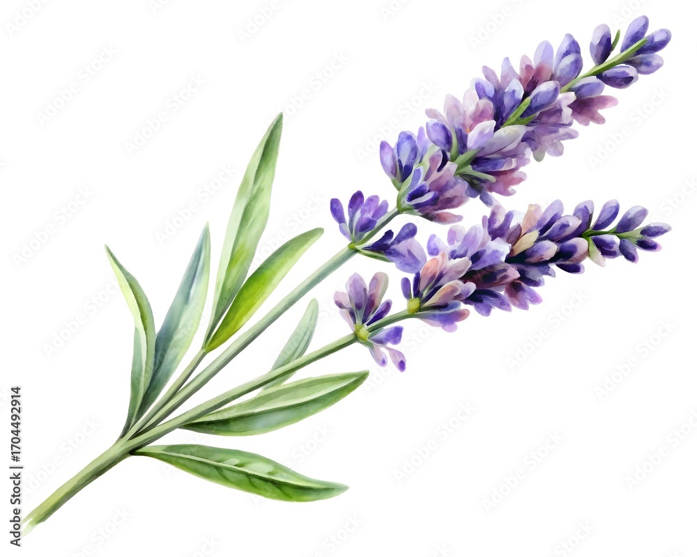Naklejka premium Delicate watercolor painting of a lavender sprig, isolated on white background for design use