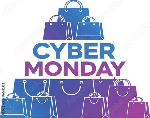 Stack of colorful shopping bags with Cyber Monday text on white background retail sale