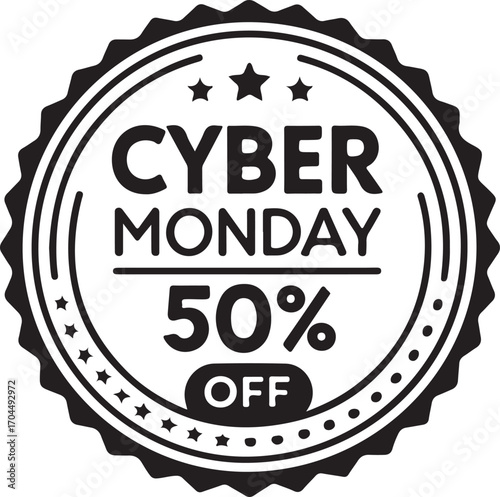 Cyber Monday 50 Percent Off Sale Emblem with Stars and Dots Border discount fifty percent
