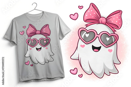 A cute sassy ghost girl t shirt design , hot pink bow, heart illustration, vector love art, PNG   