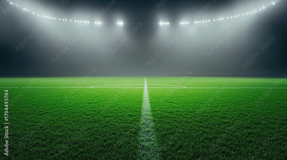 Obraz premium Empty soccer field at night with stadium lights