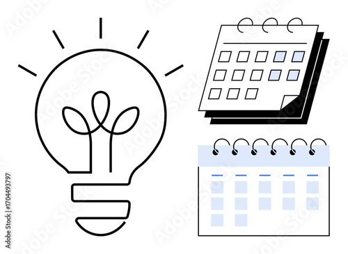Light bulb with sprout symbolizing creativity, monthly desk calendar, and spiral-bound wall calendar. Ideal for organization, productivity, planning, insight, innovation, scheduling time management