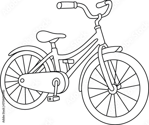 Black and white cartoon bicycle illustration, isolated vector bike drawing for kids, simple outline clipart, educational coloring page, printable transport design