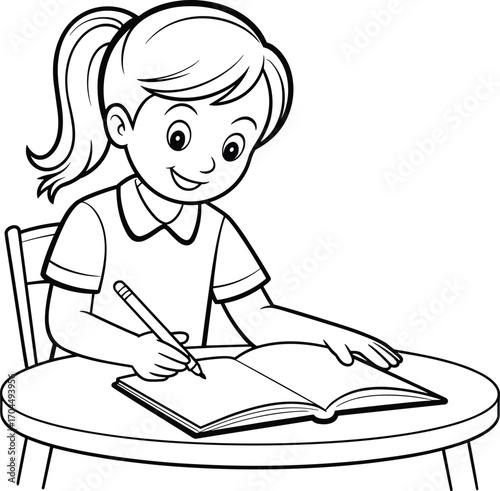 Happy cartoon girl writing in notebook, educational illustration, student at desk, learning activity, school homework drawing, black and white line art