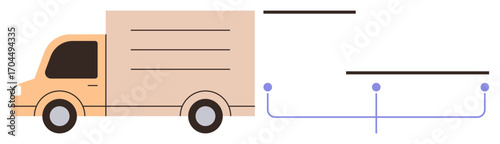 Delivery truck driving forward, connected to data flow lines. Ideal for logistics, delivery, transportation, supply chain, connectivity, digital transformation automation. Simple flat metaphor