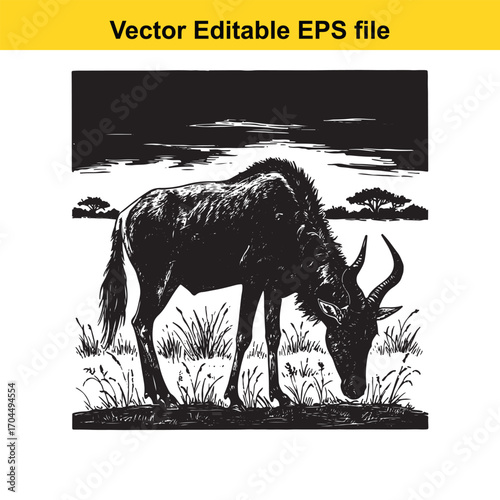 Vector art of wildebeest grazing in savanna landscape, vector illustration