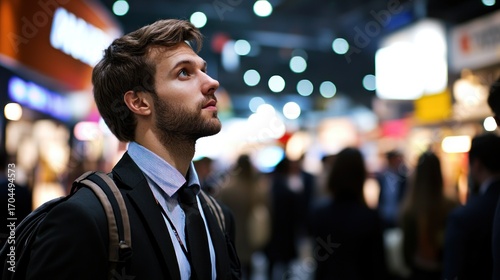 Young man in suit with backpack looks up in a crowded, brightly lit indoor space.