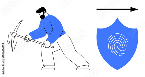 Worker swinging pickaxe, aiming forward with arrow and shield icon featuring fingerprint. Ideal for cybersecurity, data protection, hacking, security breach prevention, identity verification, mining