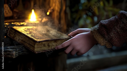 Ancient hands carefully hold an illuminated, mystical book radiating a warm, mysterious light, hinting at hidden knowledge and untold stories of the past