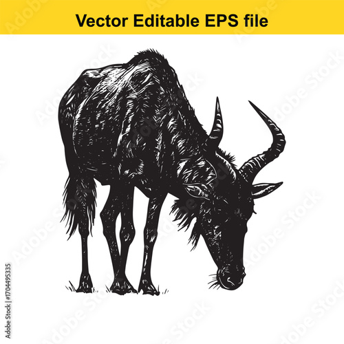 Vector art of black and white sketch of a wildebeest