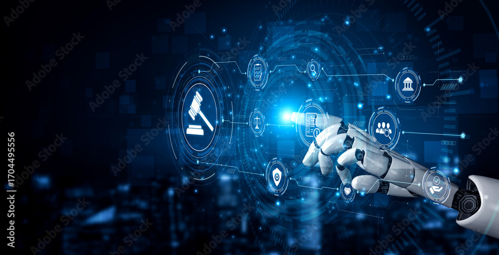 Fototapeta premium AI regulates digital law through compliance dashboards, justice-oriented tools, and secure automation for ethical governance and technology policy alignment. Artificial intelligence spline