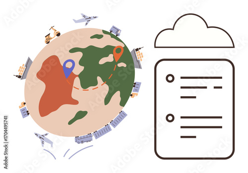 Globe with transportation and logistics icons, delivery routes. Adjacent cloud document emphasizes management. Ideal for logistics, supply chain, global trade, transportation, digital systems, cloud