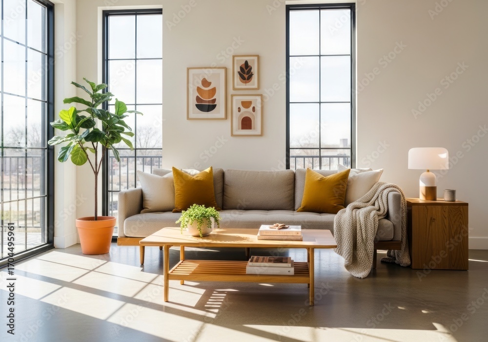 Fototapeta premium Modern living room interior design with natural light.