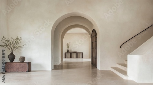 Minimalist white hallway with archways and staircase