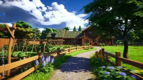 Wooden house in a green landscape under blue sky and clouds