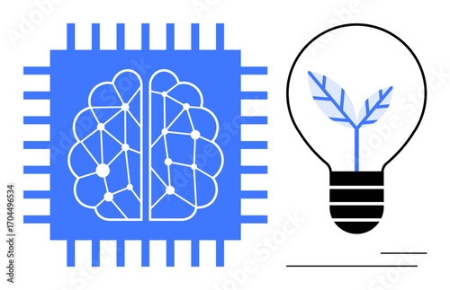 Blue microchip with AI brain neural circuits paired with a lightbulb featuring a growing leaf. Ideal for innovation, AI, sustainability, smart ideas, green technology, creativity