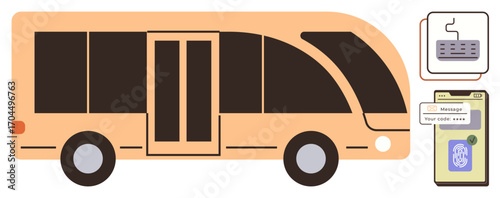 Modern transit bus paired with a keypad and a phone showcasing digital confirmation. Ideal for public transportation, technology, innovation, security, urban mobility, cashless systems, sustainable