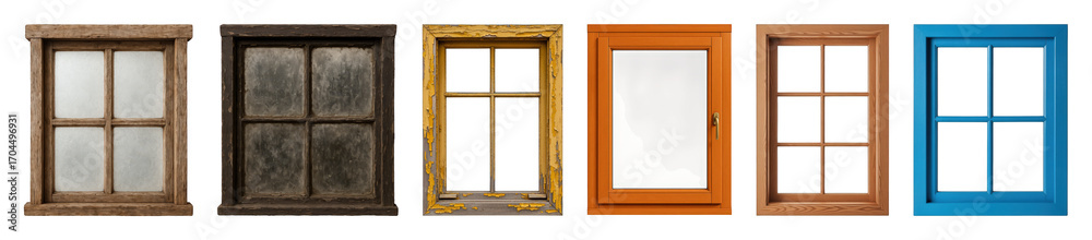 Fototapeta premium Window frames set including weathered, peeling, modern, and natural wood styles isolated. Architectural elements for design and renovation.