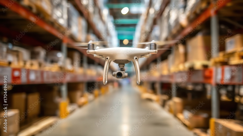 Fototapeta premium Drone flying smoothly within a warehouse aisle scanning inventory from above with stocked shelves out of focus to emphasize the drones dynamic motion.